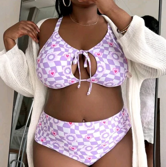 SHEIN 2XL Plaid & Heart Print Tie Front Bikini Swimsuit - Picture 3 of 15